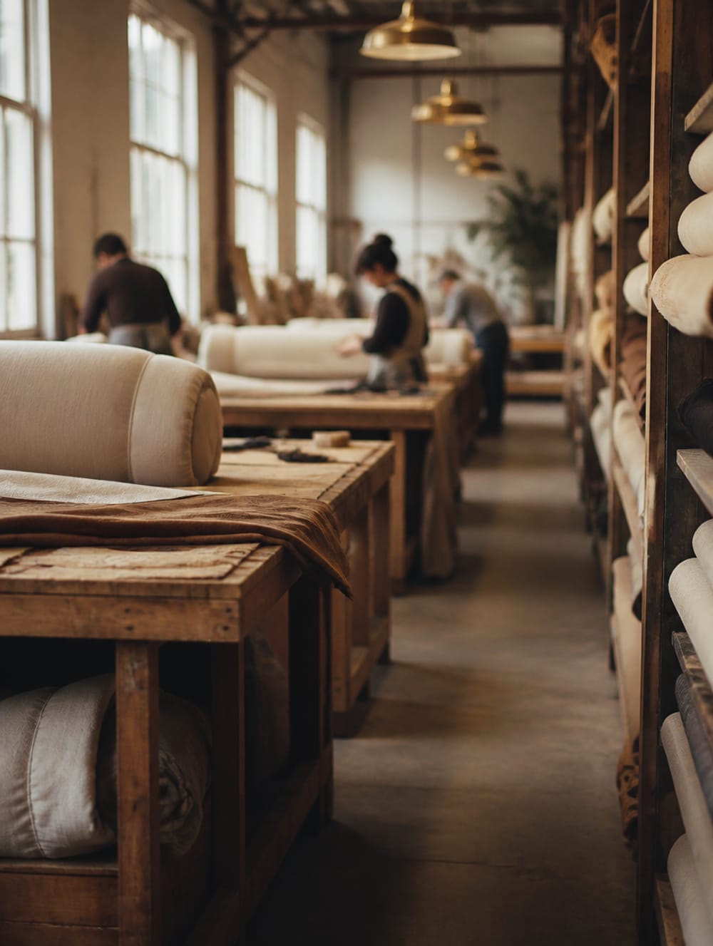 A row of upholstery workbenches with bolts of fabric on the shelves