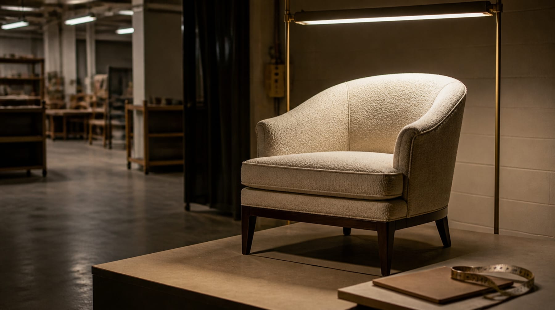 A finished lounge chair under a work light
