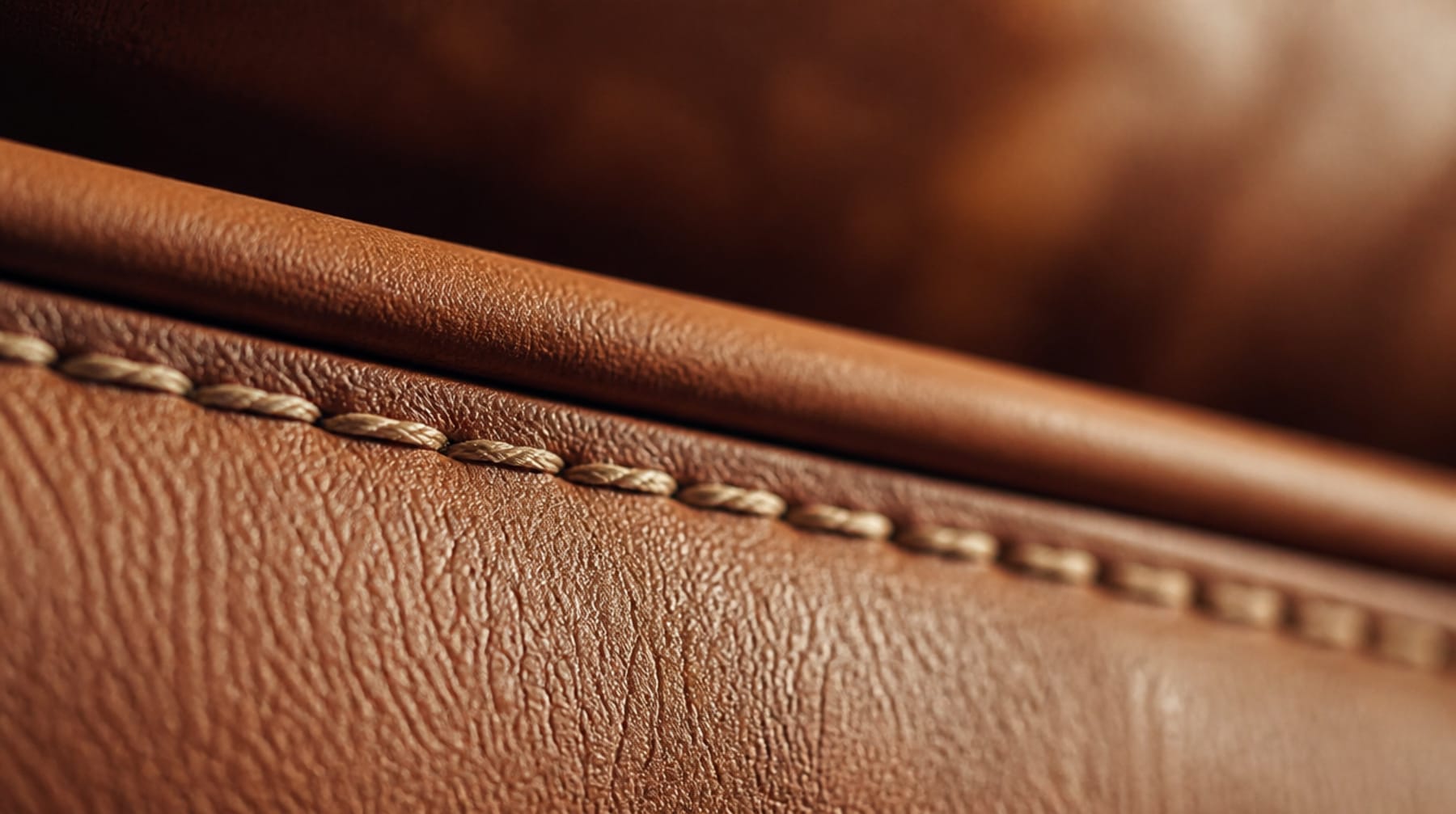 Macro view of a tailored upholstery seam and welt cord in caramel leather