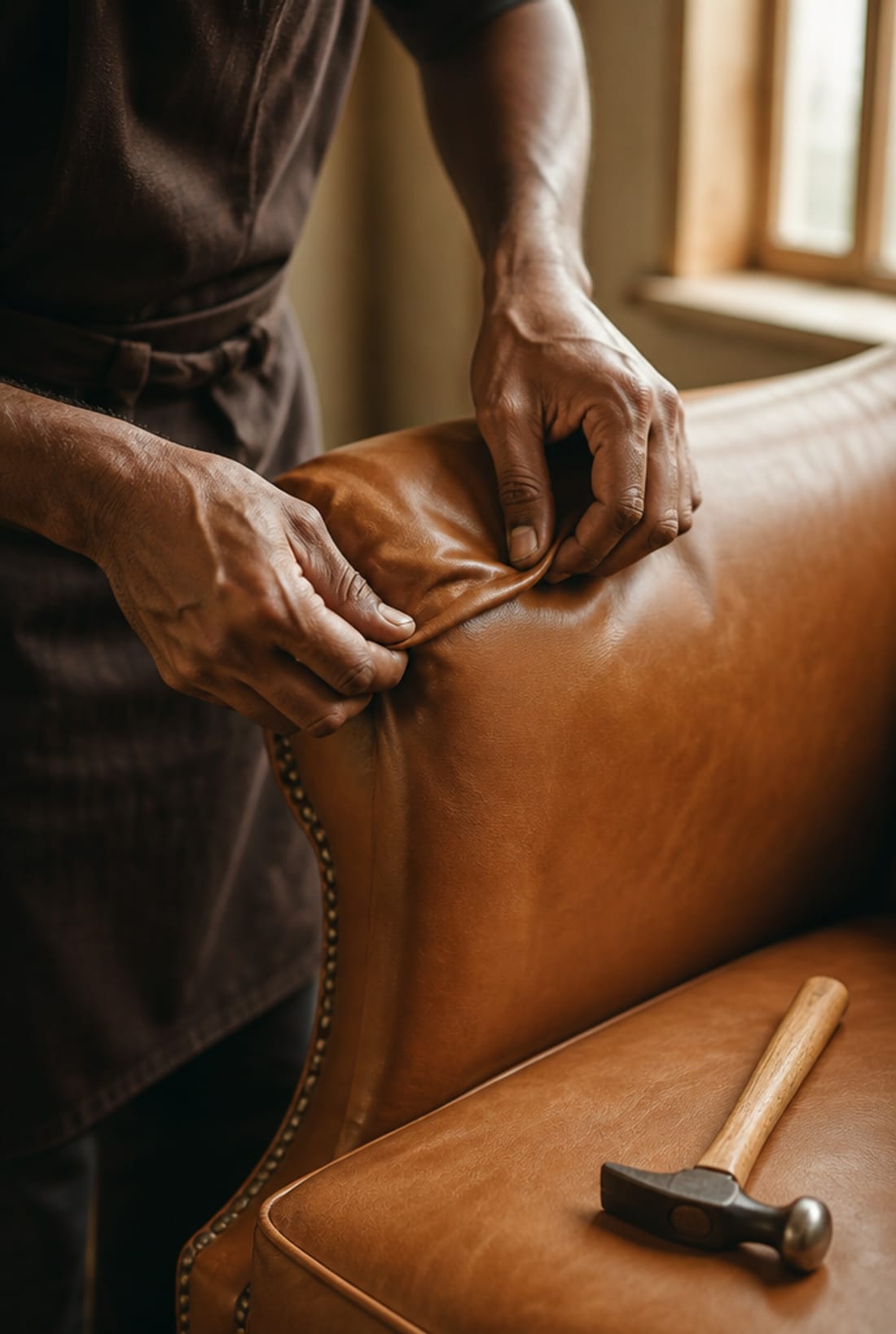Hands smoothing caramel leather over the corner of an upholstered chair arm