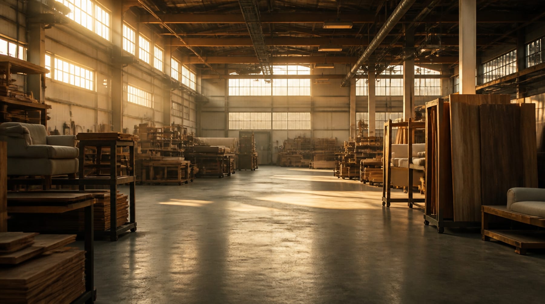 A sunlit factory hall with lumber racks and upholstered pieces