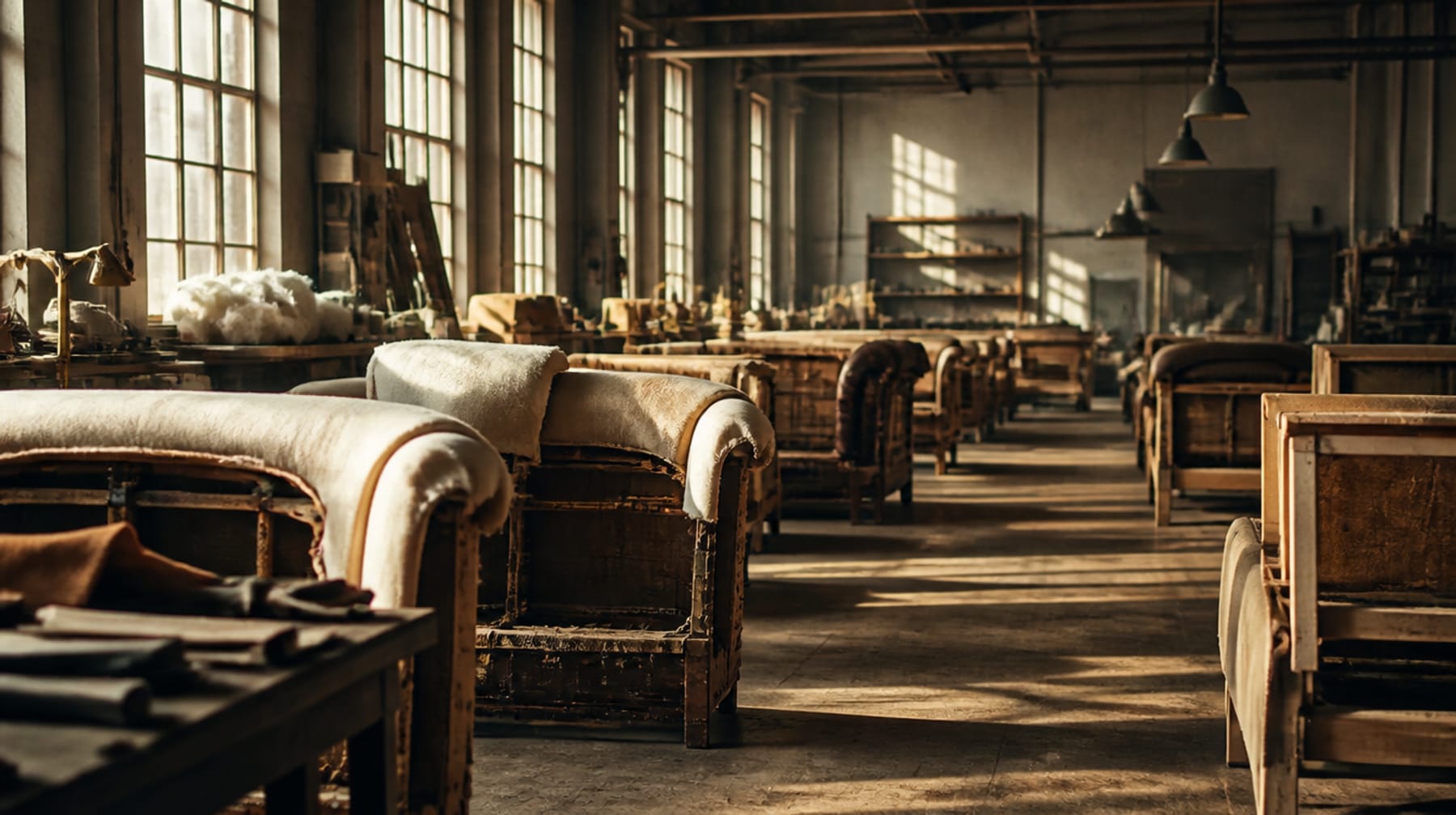 Rows of half-upholstered chair frames in a sunlit workshop