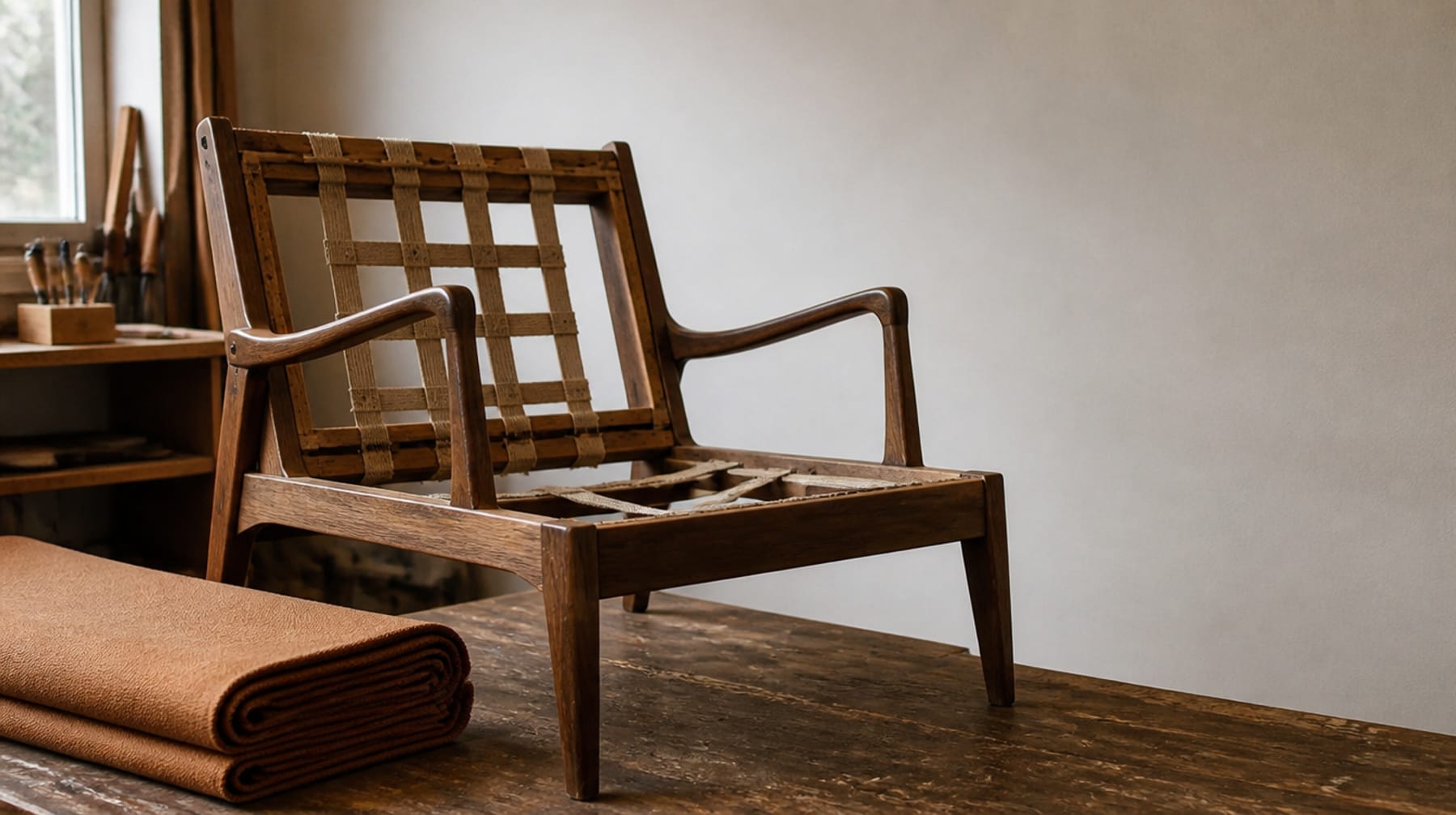 A stripped wooden chair frame beside a folded bolt of new upholstery fabric, ready to be re-covered