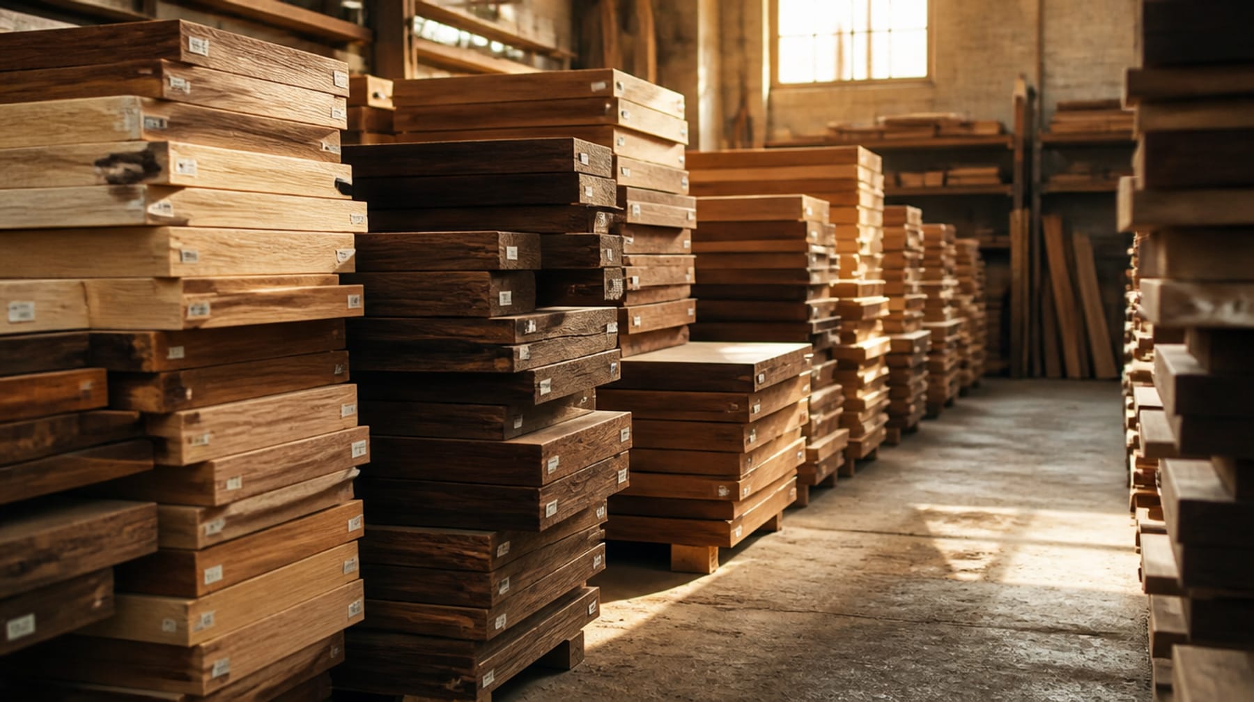 Stacked lumber in a storage bay