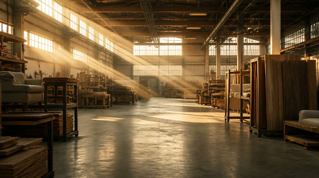Late sun slanting through the high windows of a factory hall stacked with lumber and upholstered frames